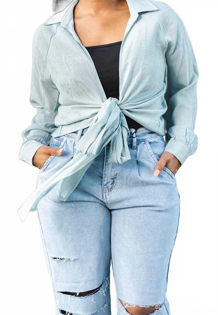 NEW HAILEY & CO tie up open blouse in aqua